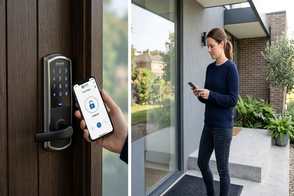 Smart lock with keypad installed at Belmont California front door