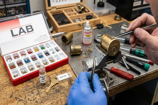 Locksmith rekeying a residential door lock in Belmont CA