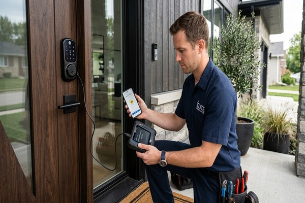 Smart lock installation with keypad on a Belmont home front door